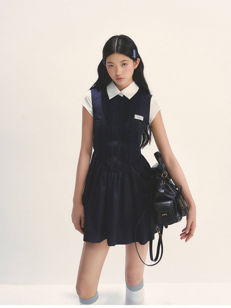 Navy Academy White Two-Piece Dress with Style Blue Retro Fake Details Pleated