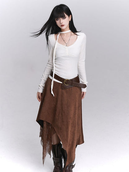 Sleeve Front Strap Ruches White U-Neck with Versatile Matching Top Long Neck