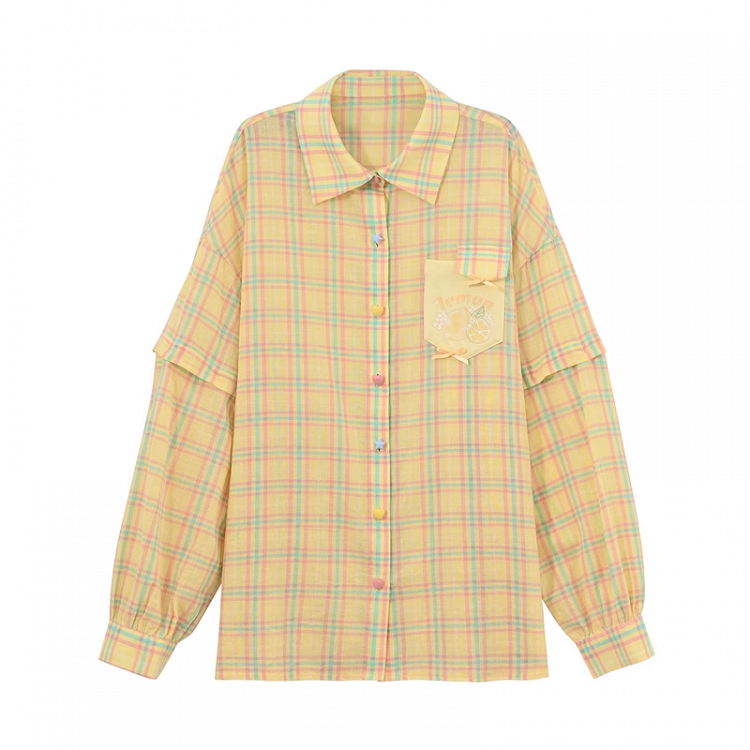 夏用ゆったりチェックシャツ（袖取り外し可能）イエロー/グリーン/レッド