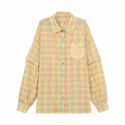 夏用ゆったりチェックシャツ（袖取り外し可能）イエロー/グリーン/レッド