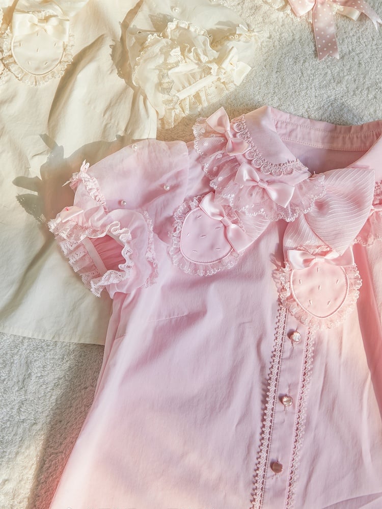 ピンクの取り外し可能な蝶結びネックラインビーズショートパフスリーブブラウス