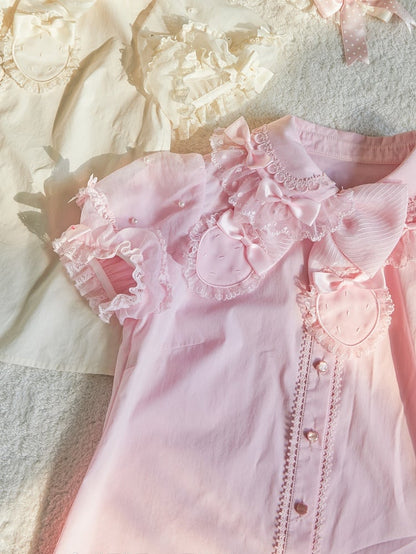 ピンクの取り外し可能な蝶結びネックラインビーズショートパフスリーブブラウス