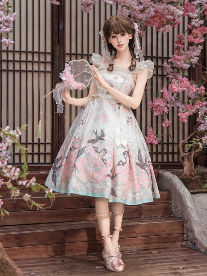 Swallow Kite and Peach Blossom Print Pink Chinoiserie Lolita Dress - Dream Magic Box