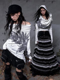 Studded Hoodie Neck Beige Punk Wing Off-Shoulder Wasteland Cowl Convertible with Design Print