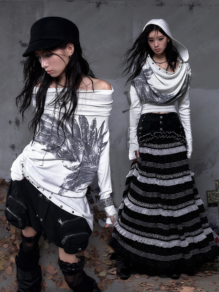 Studded Hoodie Neck Beige Punk Wing Off-Shoulder Wasteland Cowl Convertible with Design Print