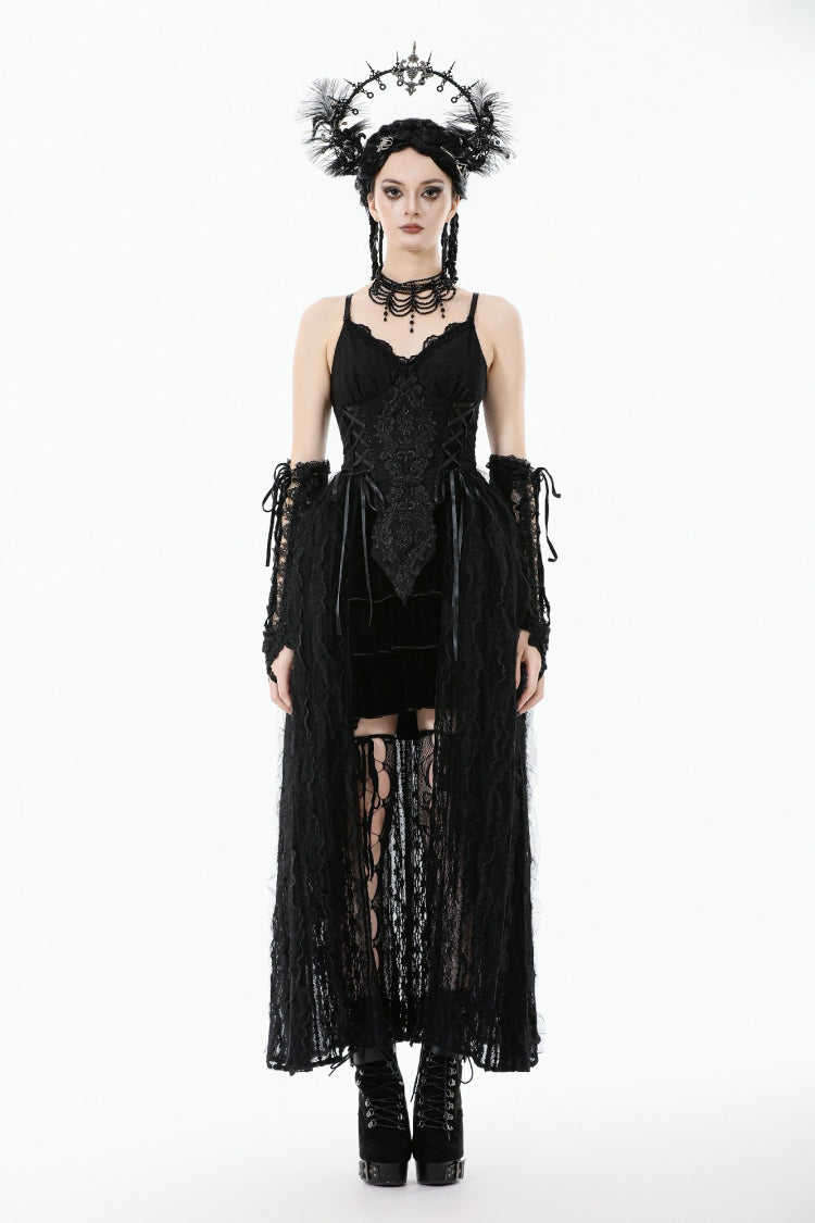 Black Floral Embroidered Lace Slip Dress Gothic Sleeveless