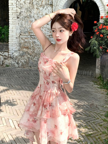 Red Floral Asymmetrical Ruffle Hem Summer Dress - Qchiwawameme