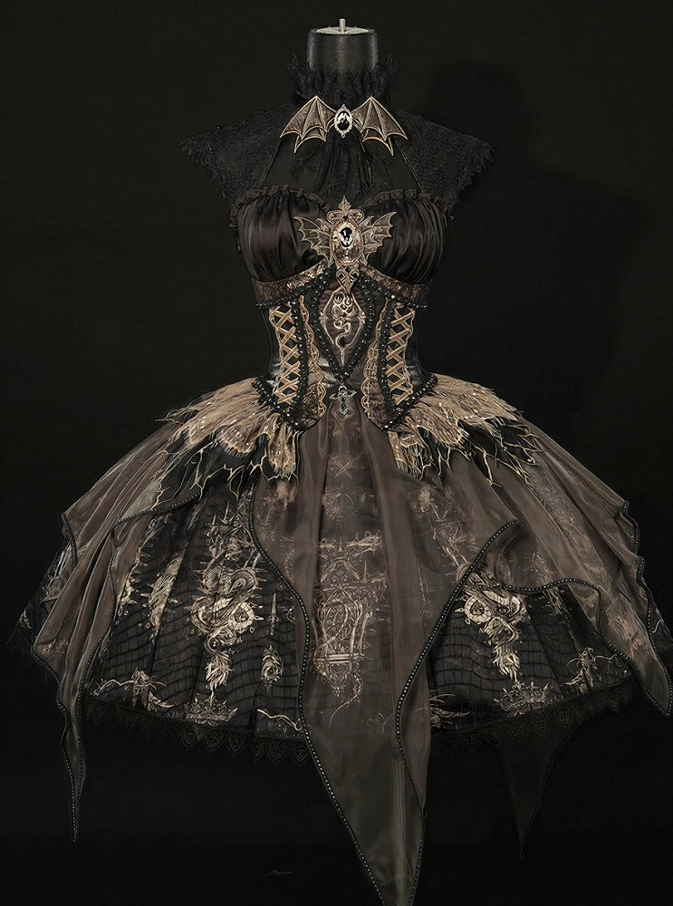 Brown & Gold Bone Dragon Embroidery Halter Neck Gothic Lolita Dress Set - Ying Luo Fu