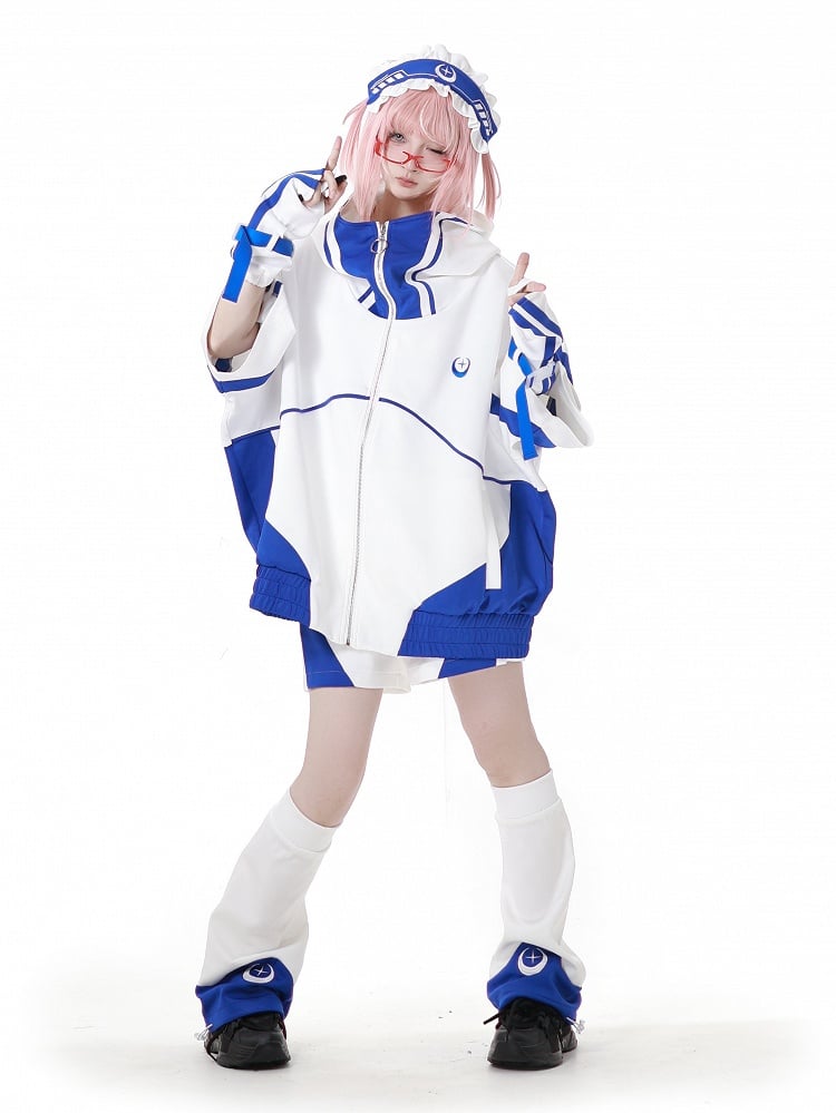 Blau-weiße Jirai Kei-Sportshorts im Colorblock-Design