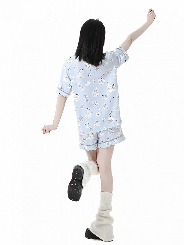 Pyjama-Set mit Welpen-Print, Blau/Cremefarben, allover, süß, hellgelb