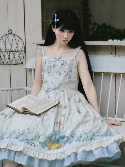 Sweet Lolita Style Summer JSK Dress with Lace & Blue Floral Print - Rock Candy Box