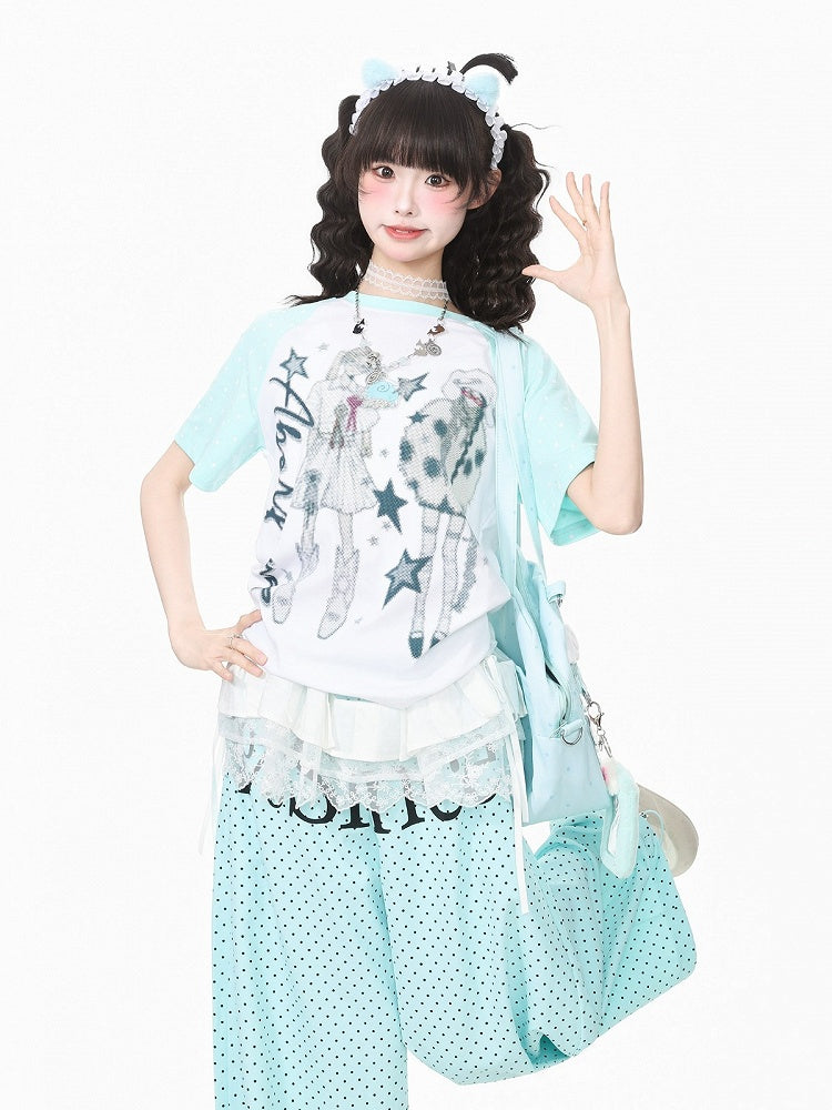 Cyan Pixel Graphic Tee with Polka Dots - Languid Park
