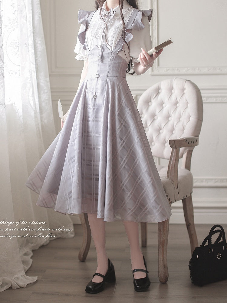 Purple Taro Long Plaid Overall with Version Flutter Sleeves Dress