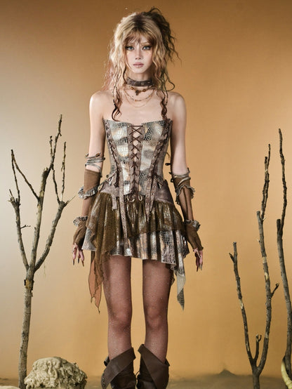 Pattern Punk Wasteland Brown Tube Top Lace-up Detail Snakeskin