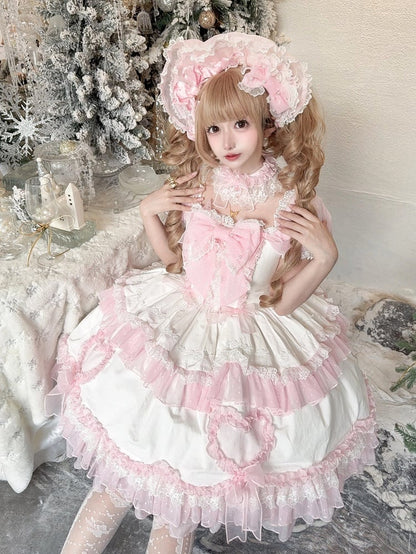 Pink and White Big Bowknot Bodice Princess Puff Sleeves Sweet Lolita Dress