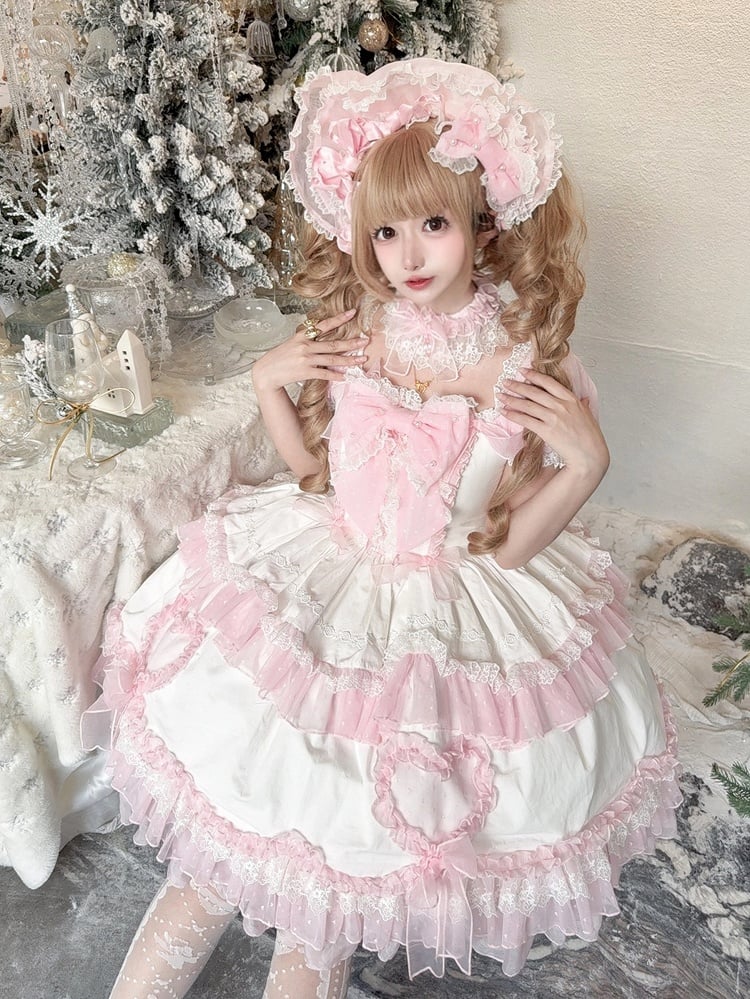 Robe Lolita Princesse Rose et Blanche à Grand Noeud Papillon et Manches Bouffantes