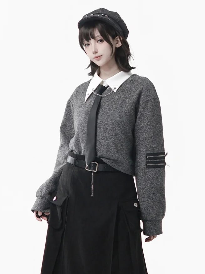 with Accents Sweatshirt Zip Gray V-Neckline Dual