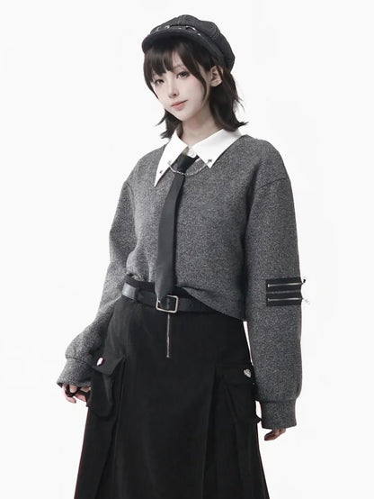 with Accents Sweatshirt Zip Gray V-Neckline Dual