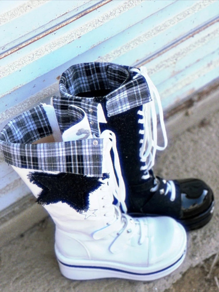 Punk with Boots Platform White Knee-high Embroidery Bone