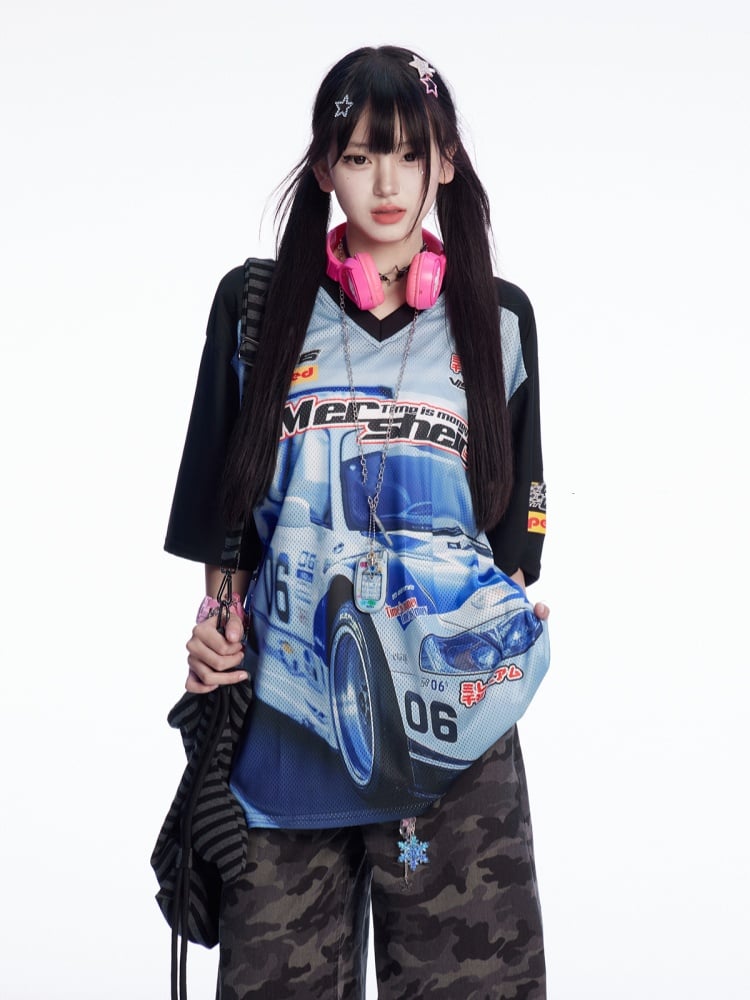 Blau Schwarz und T-Shirt Colorblock V-Ausschnitt Racing Print Loses Design