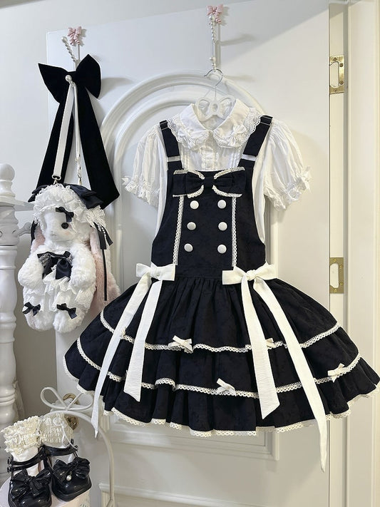Double-Breasted Black Trim Sweet with Lolita Overall Buttons White Lace Dress and