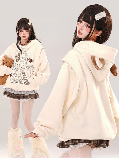 Apricot Rabbit Bear Ears Loose Zip Hoodie