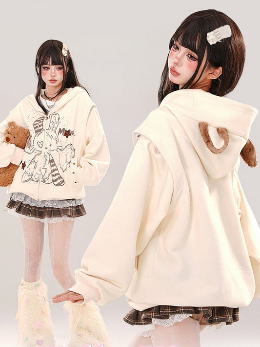 Apricot Rabbit Bear Ears Loose Zip Hoodie