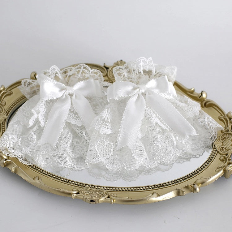 Accents with Layered Wrist Bow Satin Lace White Cuffs