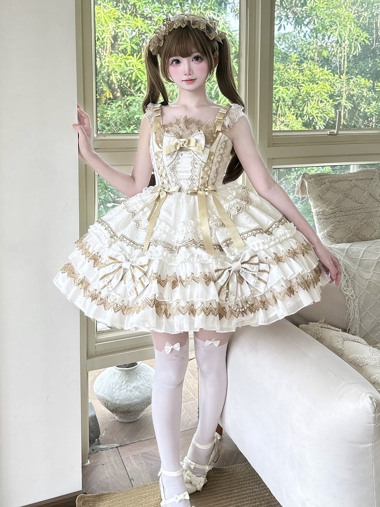 Perlen Lolita Verziertes Weißes Kleid Schleifen Kette Stufenrock Prinzessin