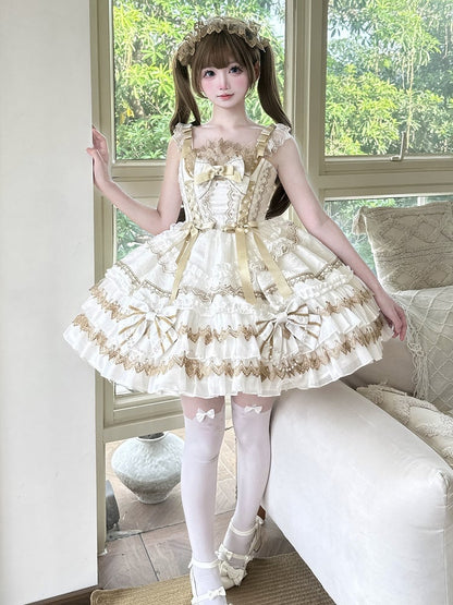 Perlen Lolita Verziertes Weißes Kleid Schleifen Kette Stufenrock Prinzessin