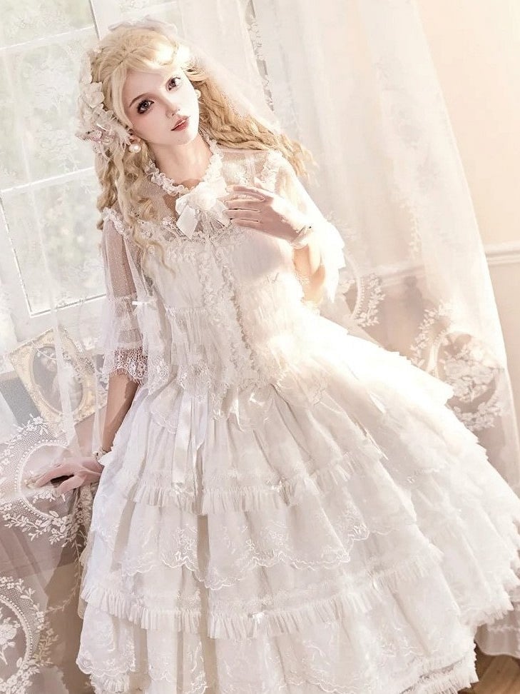 Buttons Tulle Shawl Embroidered White Bead with Lolita