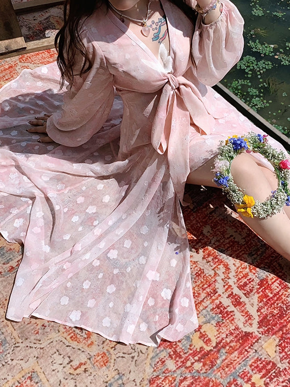Kleid Rosa Pfirsichblütendruck Urlaub Übergröße Selbstbinden Schleife Vorne