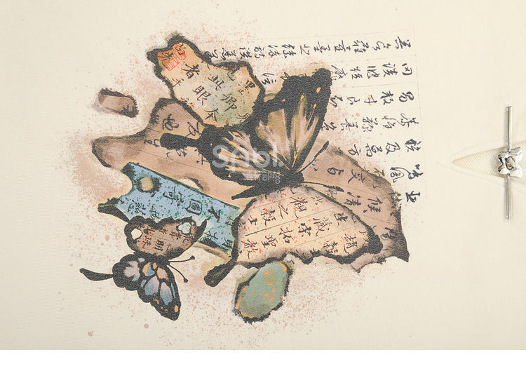 バンド付きスウェットシャツカラー バタフライスタイル チャイナドレスプリント ブラック/アプリコット