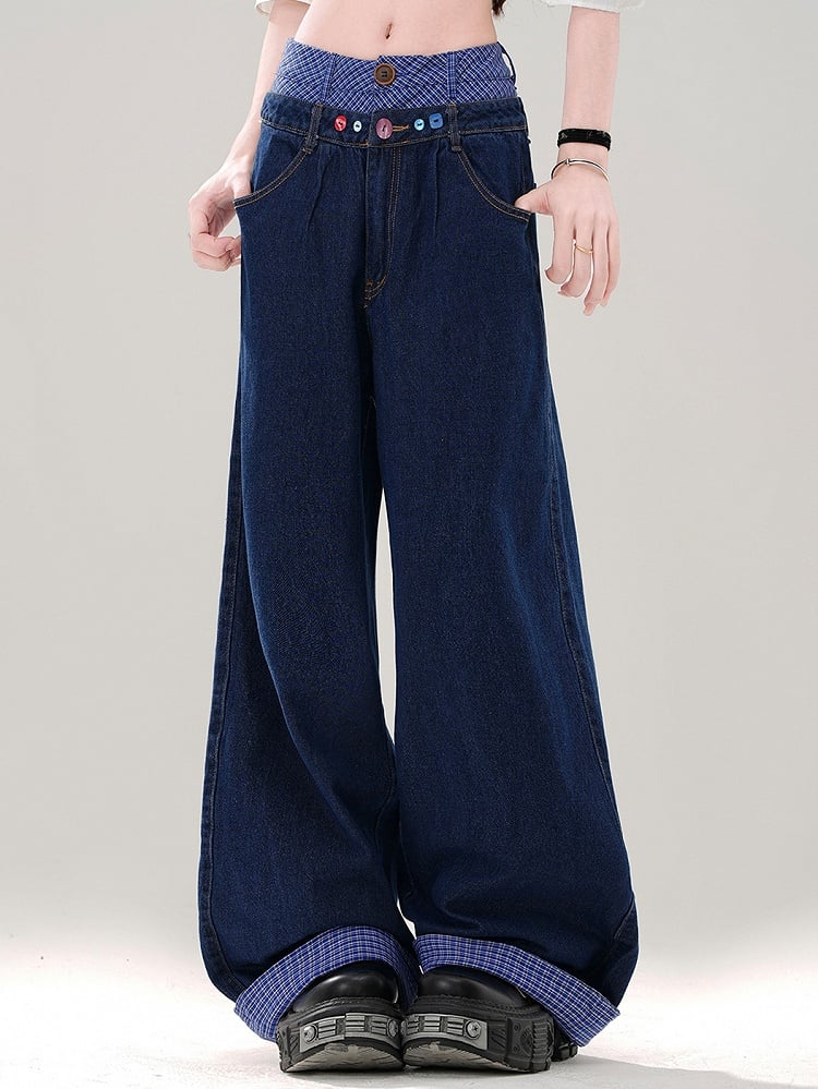 Marineblaue, karierte Patchwork-Jeans mit weitem Bein und Bund