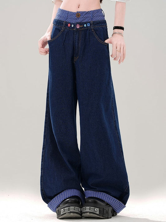 Marineblaue, karierte Patchwork-Jeans mit weitem Bein und Bund