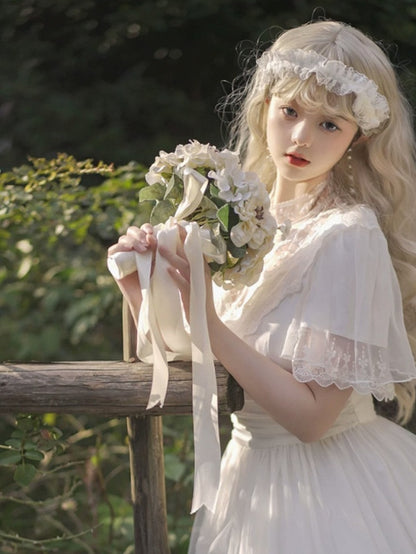 Elegant Vintage White V-Neck Short Sleeve Lolita Dress with Lace Details