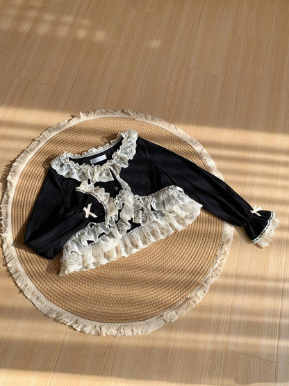 Top Caidigan Lolita Long for Spring/Autumn Black Knit Sleeves