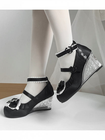 Vintage Black Snow Embroidery Round Toe Heel Shoes - Vintage Sweetheart