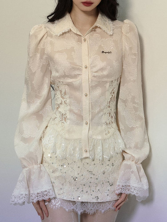 アプリコットレースパッチウエストパフスリーブブラウス