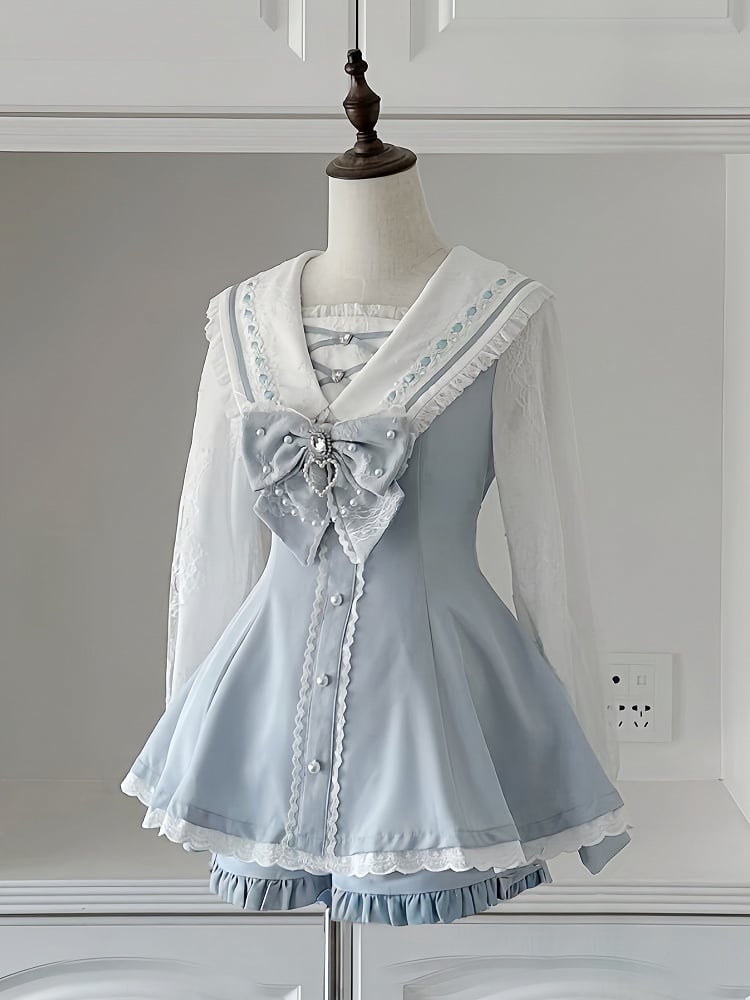 Outfit Shorts Light Long Dress Collar Style and Jirai Sleeves Kei Navycore Mini : Blue Sailor