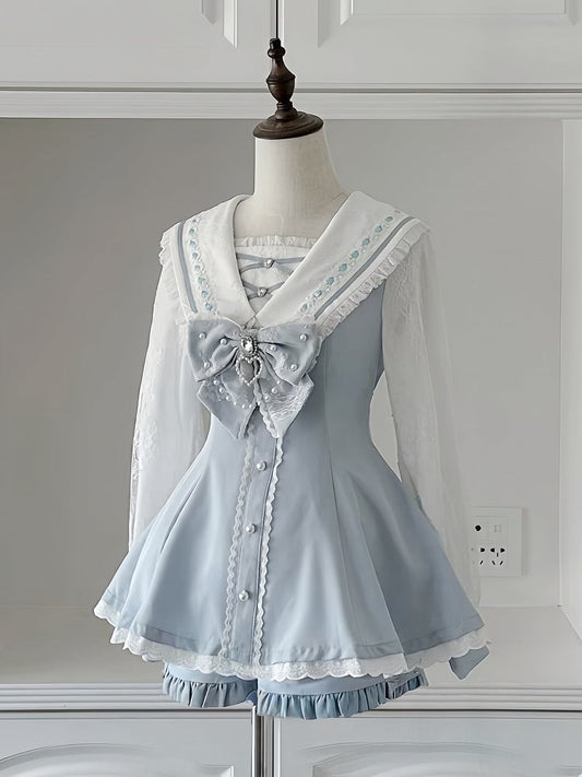 Outfit Shorts Light Long Dress Collar Style and Jirai Sleeves Kei Navycore Mini : Blue Sailor