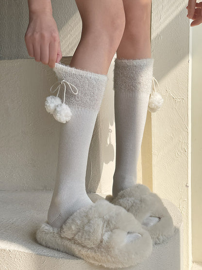 White/Black Bow Calf Socks With Pompons