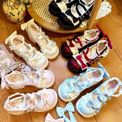 Rhinestone-Embellished Buckle with Ruffles Trim & Heart Applique Heel Wine Red Platform Mid-heel Mary Janes  in Elegant Lolita