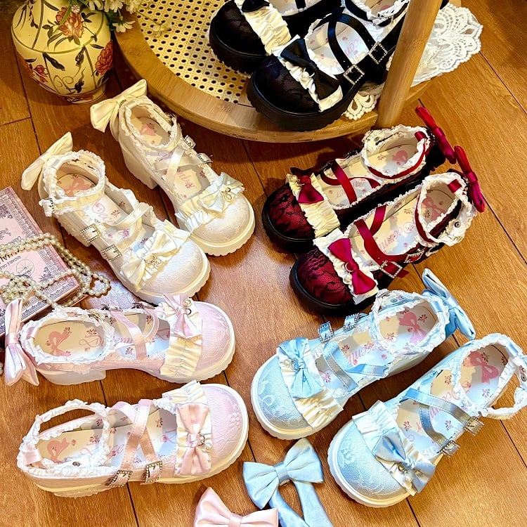 Sophisticated Sakura Pink Lolita Shoes - Sparkling Buckle Design with Back Detachable Bow & Ruffles Trim