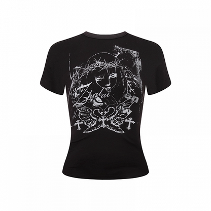 Slim-fitting Y2K Print Lace-up Back White/Black T-shirt