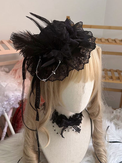 White/Black Lace Embellishment Hat Mini Butterfly with and Feather