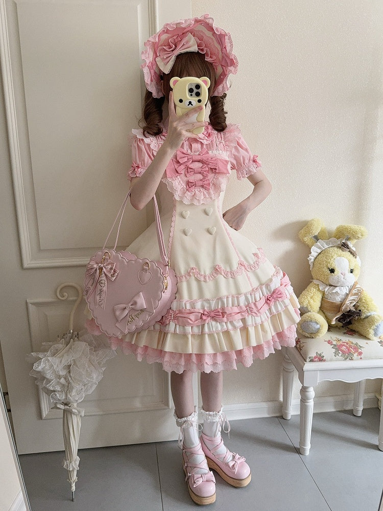 Pink Yellow Sweet Hemline Bows Ruffle Decorated Old Layered and