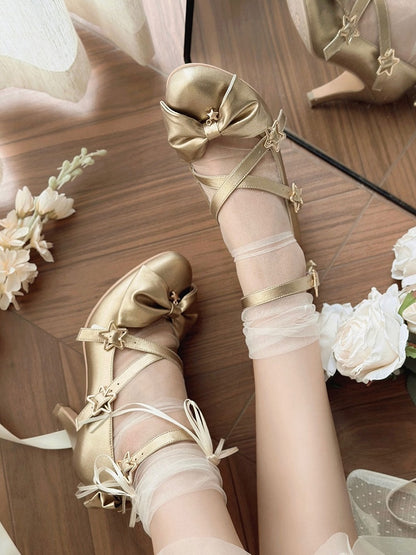 Top Bow at Sweet Starry Golden High-heel Lolita Shoes Buckles