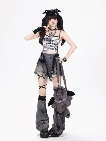 Gray Ripped Denim Shorts with Cat Belt Set - CRAZY GIRL
