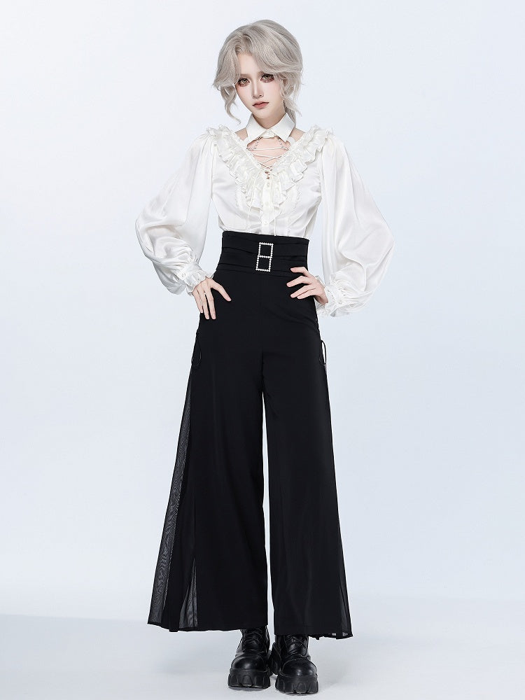 Black High Waist Flowing Pleated Chiffon Wide-leg Pants - DevilInspired Exclusive Collection